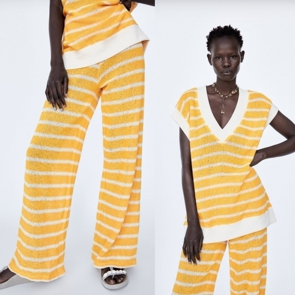 New Zara Rustic Striped Knit High Waist Blogger Favorite Resortwear Pants Small - Picture 1 of 12